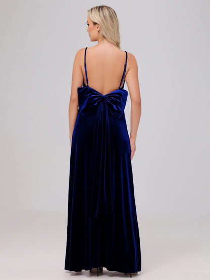 Spaghetti Straps Back Bowknot Velvet Bridesmaid Dresses with Slit