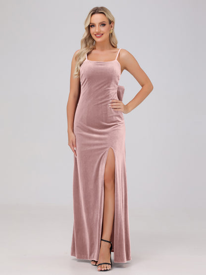 Spaghetti Straps Back Bowknot Velvet Bridesmaid Dresses with Slit