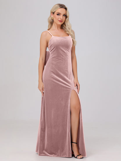 Spaghetti Straps Back Bowknot Velvet Bridesmaid Dresses with Slit
