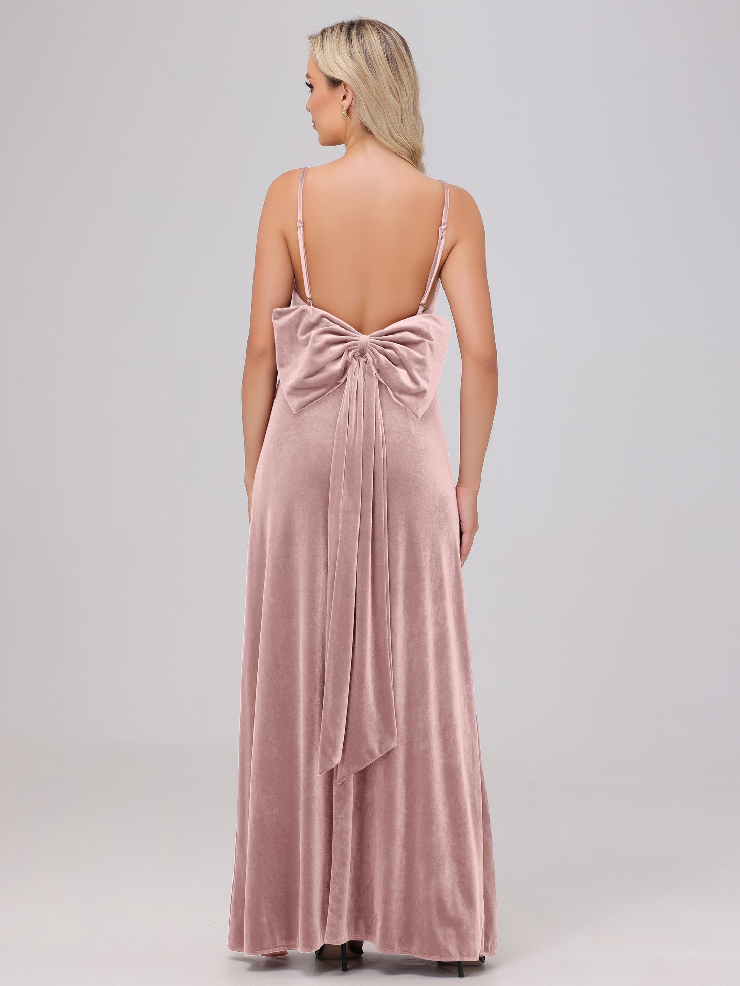 Spaghetti Straps Back Bowknot Velvet Bridesmaid Dresses with Slit