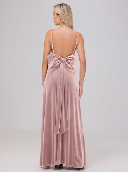 Spaghetti Straps Back Bowknot Velvet Bridesmaid Dresses with Slit