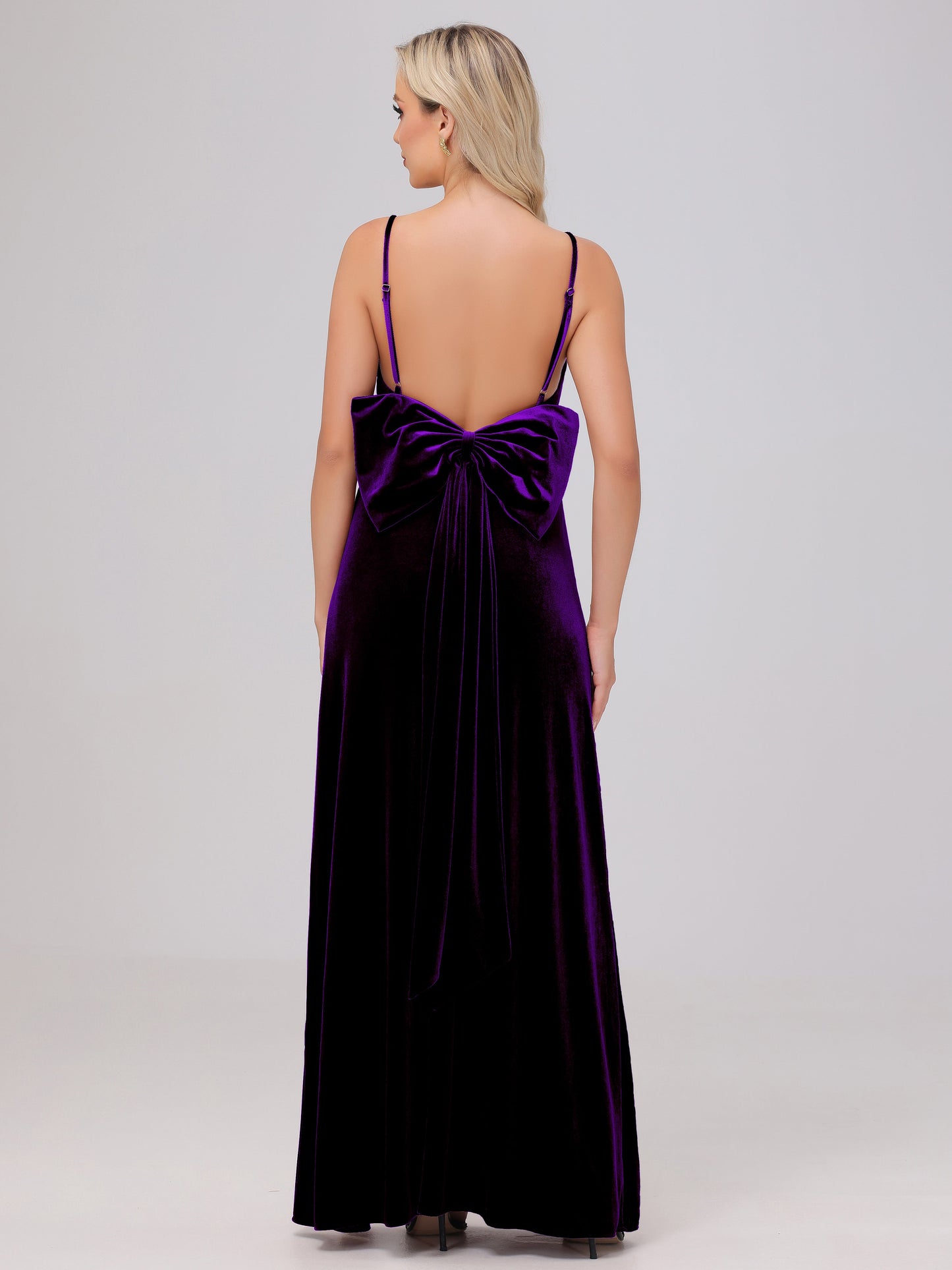 Spaghetti Straps Back Bowknot Velvet Bridesmaid Dresses with Slit