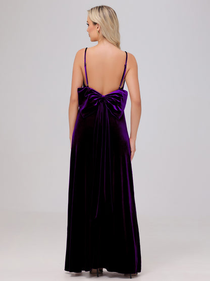 Spaghetti Straps Back Bowknot Velvet Bridesmaid Dresses with Slit
