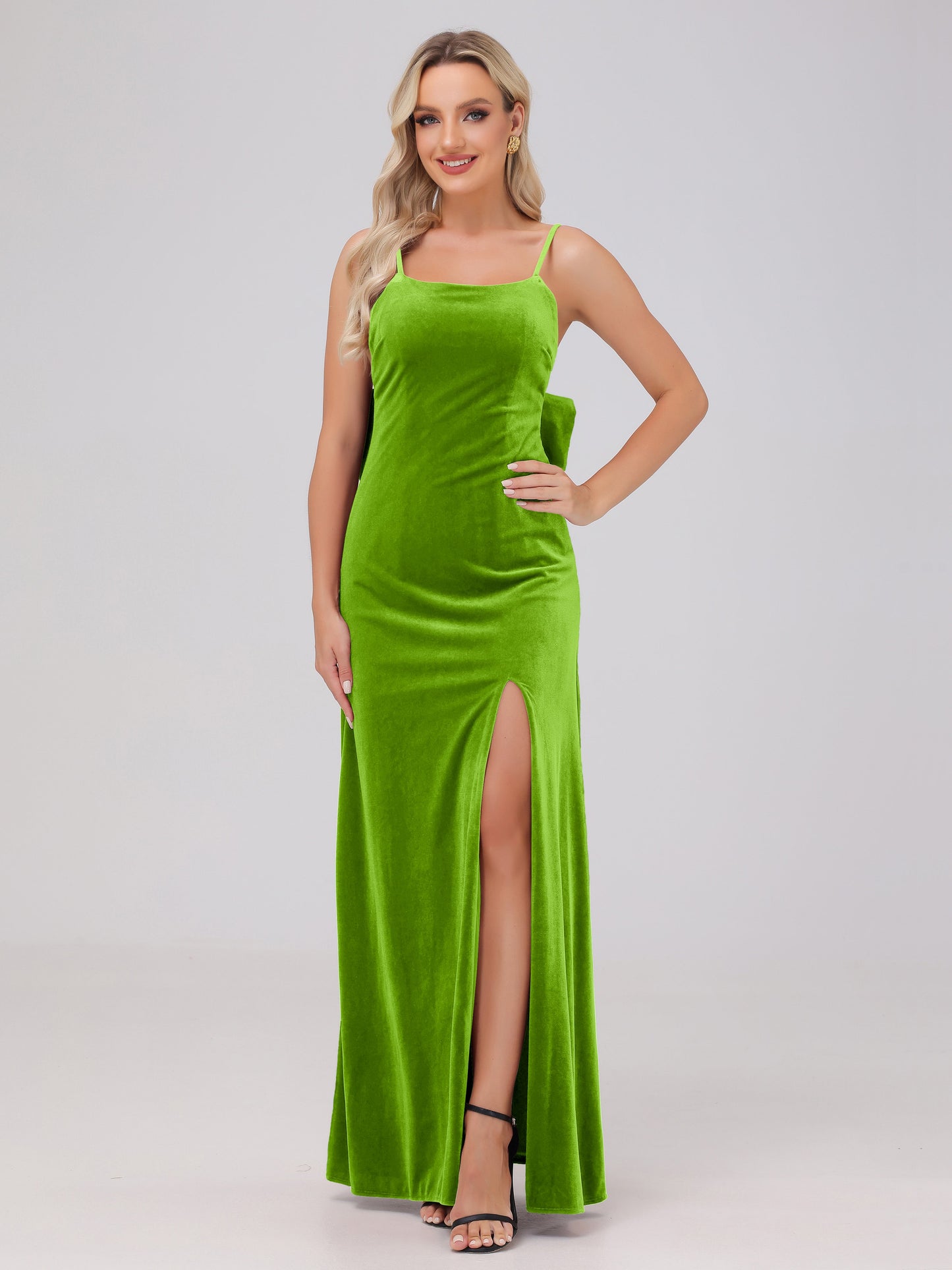 Spaghetti Straps Back Bowknot Velvet Bridesmaid Dresses with Slit