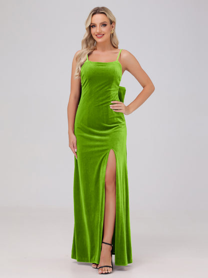 Spaghetti Straps Back Bowknot Velvet Bridesmaid Dresses with Slit