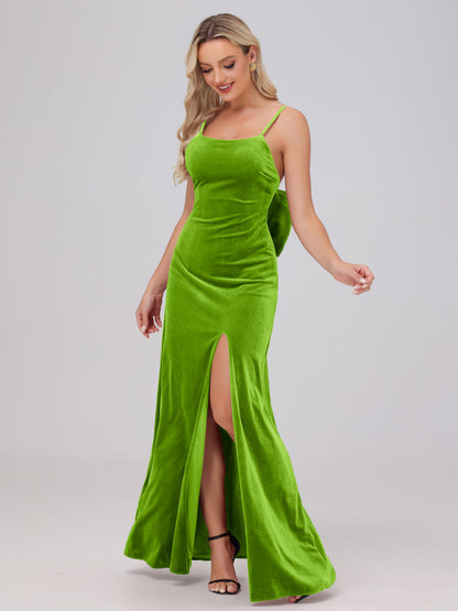 Spaghetti Straps Back Bowknot Velvet Bridesmaid Dresses with Slit