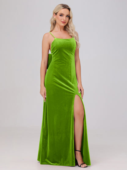 Spaghetti Straps Back Bowknot Velvet Bridesmaid Dresses with Slit