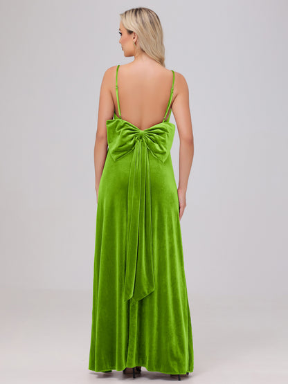 Spaghetti Straps Back Bowknot Velvet Bridesmaid Dresses with Slit