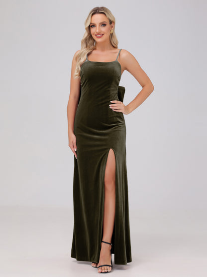 Spaghetti Straps Back Bowknot Velvet Bridesmaid Dresses with Slit
