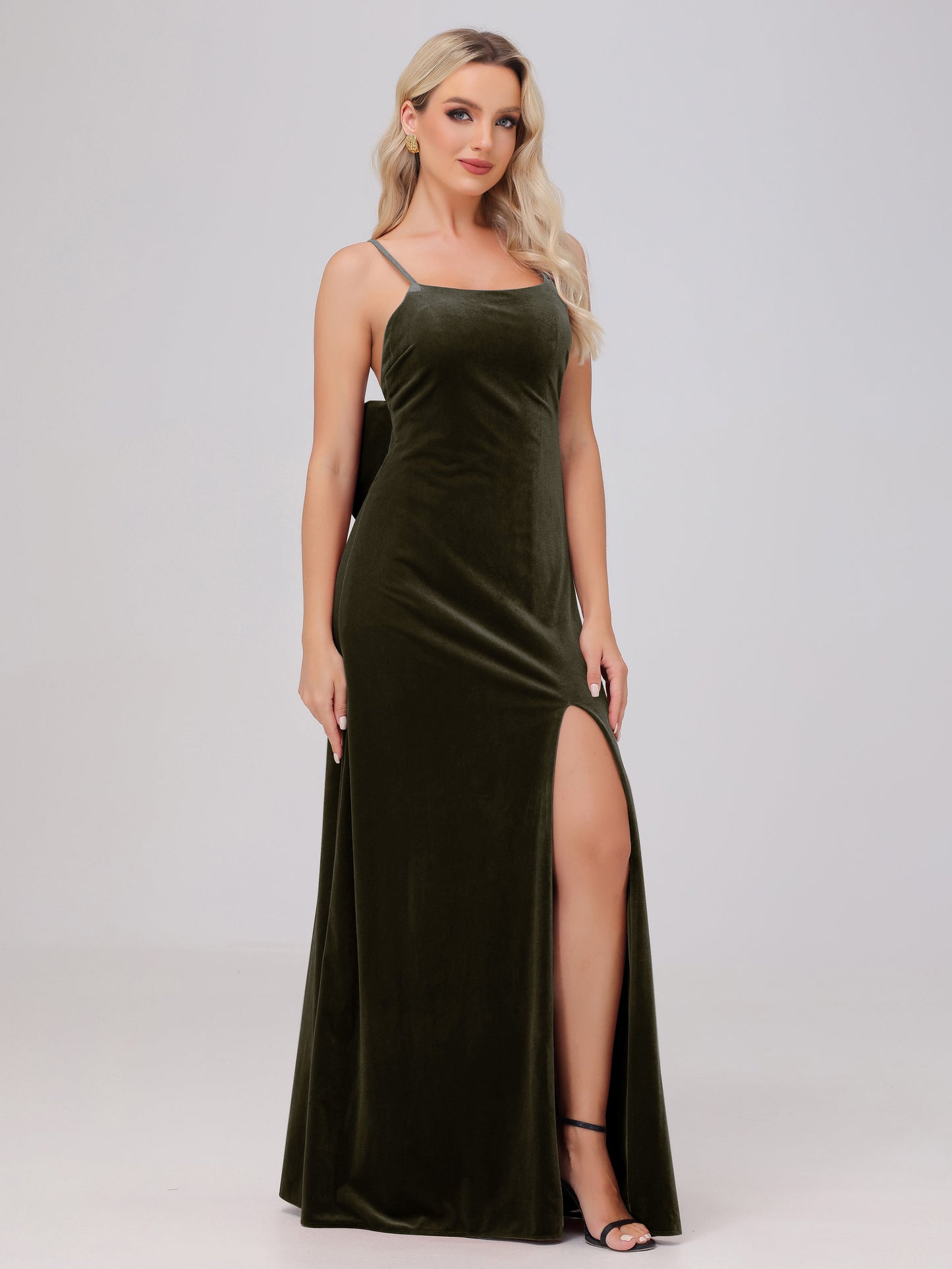 Spaghetti Straps Back Bowknot Velvet Bridesmaid Dresses with Slit