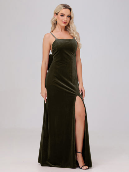 Spaghetti Straps Back Bowknot Velvet Bridesmaid Dresses with Slit