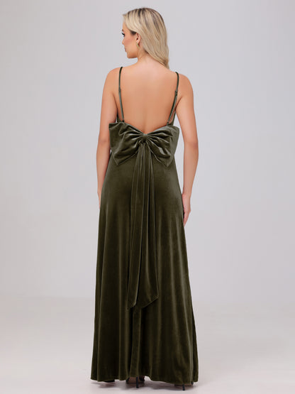 Spaghetti Straps Back Bowknot Velvet Bridesmaid Dresses with Slit