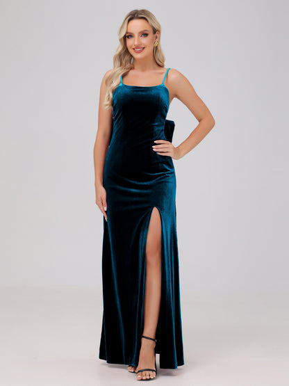 Spaghetti Straps Back Bowknot Velvet Bridesmaid Dresses with Slit