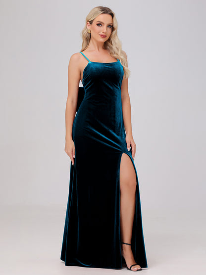 Spaghetti Straps Back Bowknot Velvet Bridesmaid Dresses with Slit
