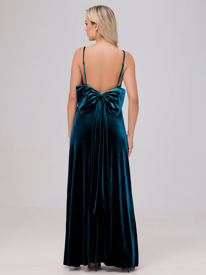 Spaghetti Straps Back Bowknot Velvet Bridesmaid Dresses with Slit