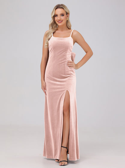 Spaghetti Straps Back Bowknot Velvet Bridesmaid Dresses with Slit