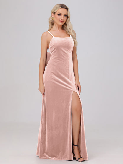 Spaghetti Straps Back Bowknot Velvet Bridesmaid Dresses with Slit