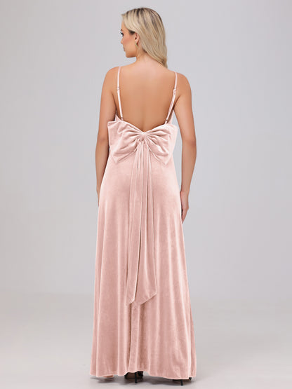 Spaghetti Straps Back Bowknot Velvet Bridesmaid Dresses with Slit