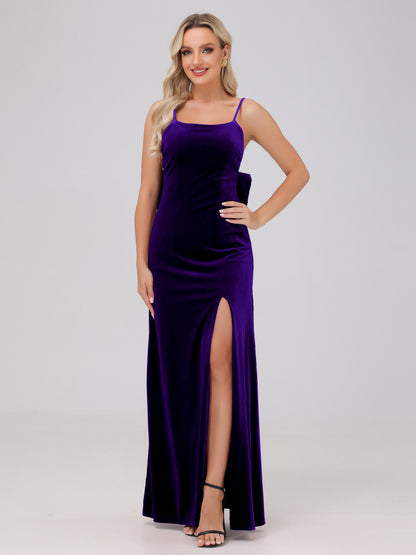 Spaghetti Straps Back Bowknot Velvet Bridesmaid Dresses with Slit
