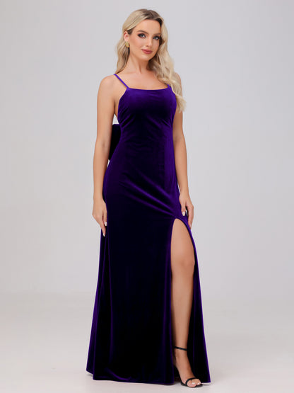 Spaghetti Straps Back Bowknot Velvet Bridesmaid Dresses with Slit