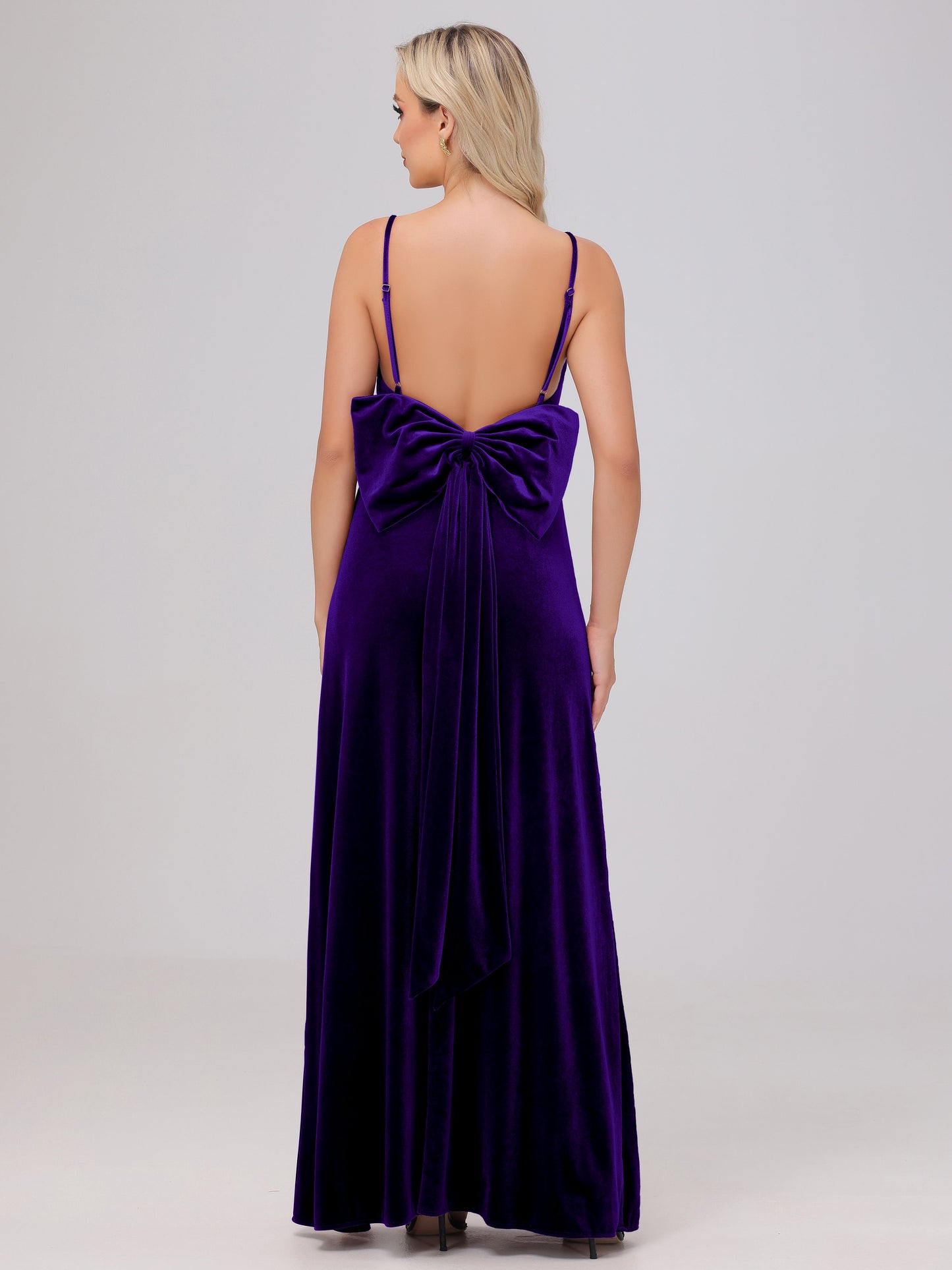 Spaghetti Straps Back Bowknot Velvet Bridesmaid Dresses with Slit