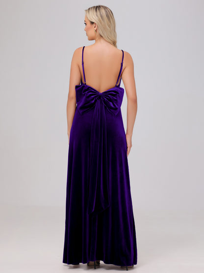 Spaghetti Straps Back Bowknot Velvet Bridesmaid Dresses with Slit