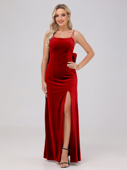 Spaghetti Straps Back Bowknot Velvet Bridesmaid Dresses with Slit