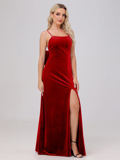 Spaghetti Straps Back Bowknot Velvet Bridesmaid Dresses with Slit