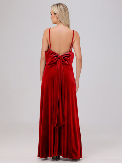 Spaghetti Straps Back Bowknot Velvet Bridesmaid Dresses with Slit