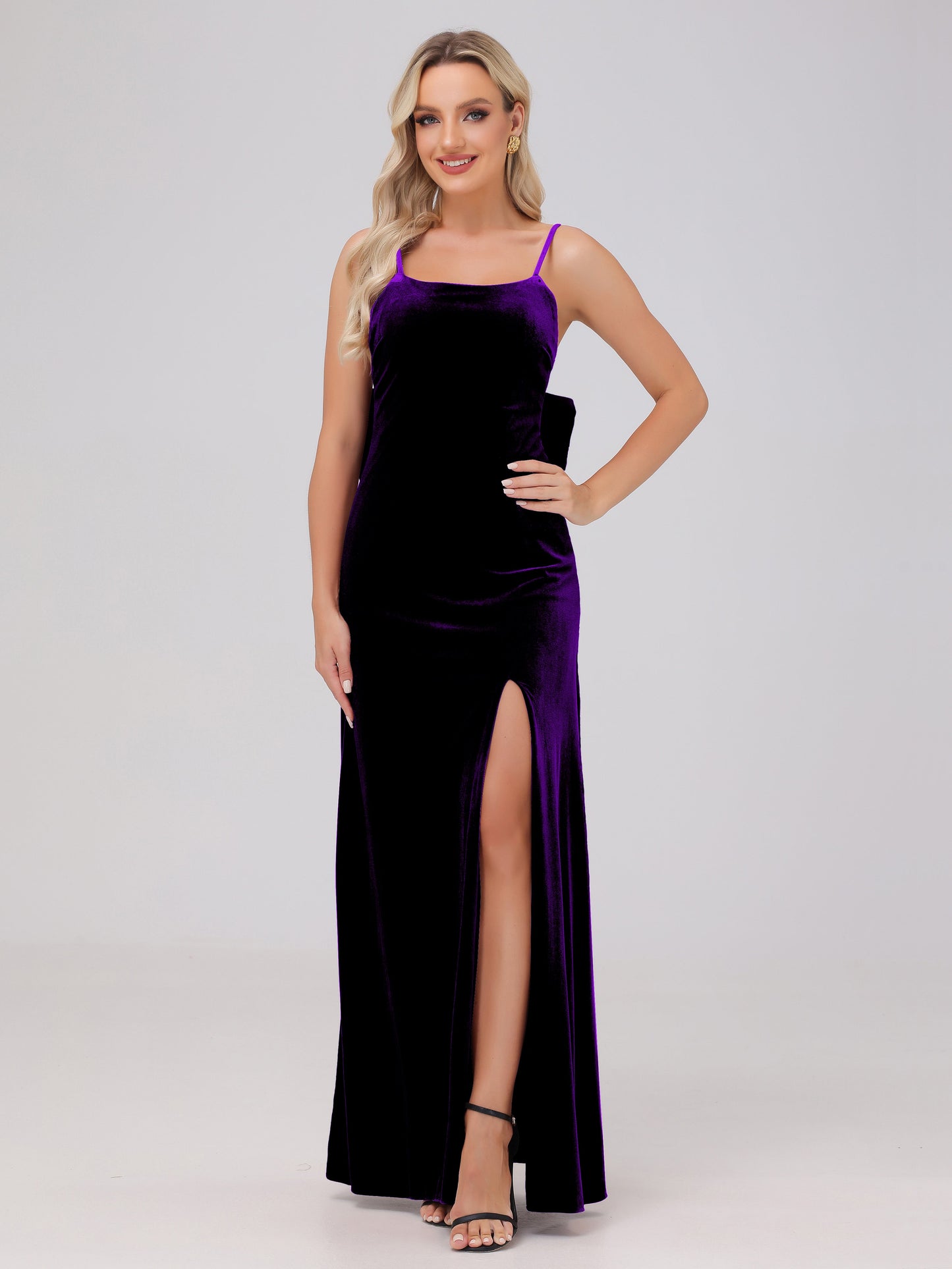 Spaghetti Straps Back Bowknot Velvet Bridesmaid Dresses with Slit