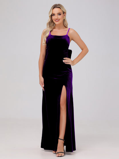 Spaghetti Straps Back Bowknot Velvet Bridesmaid Dresses with Slit