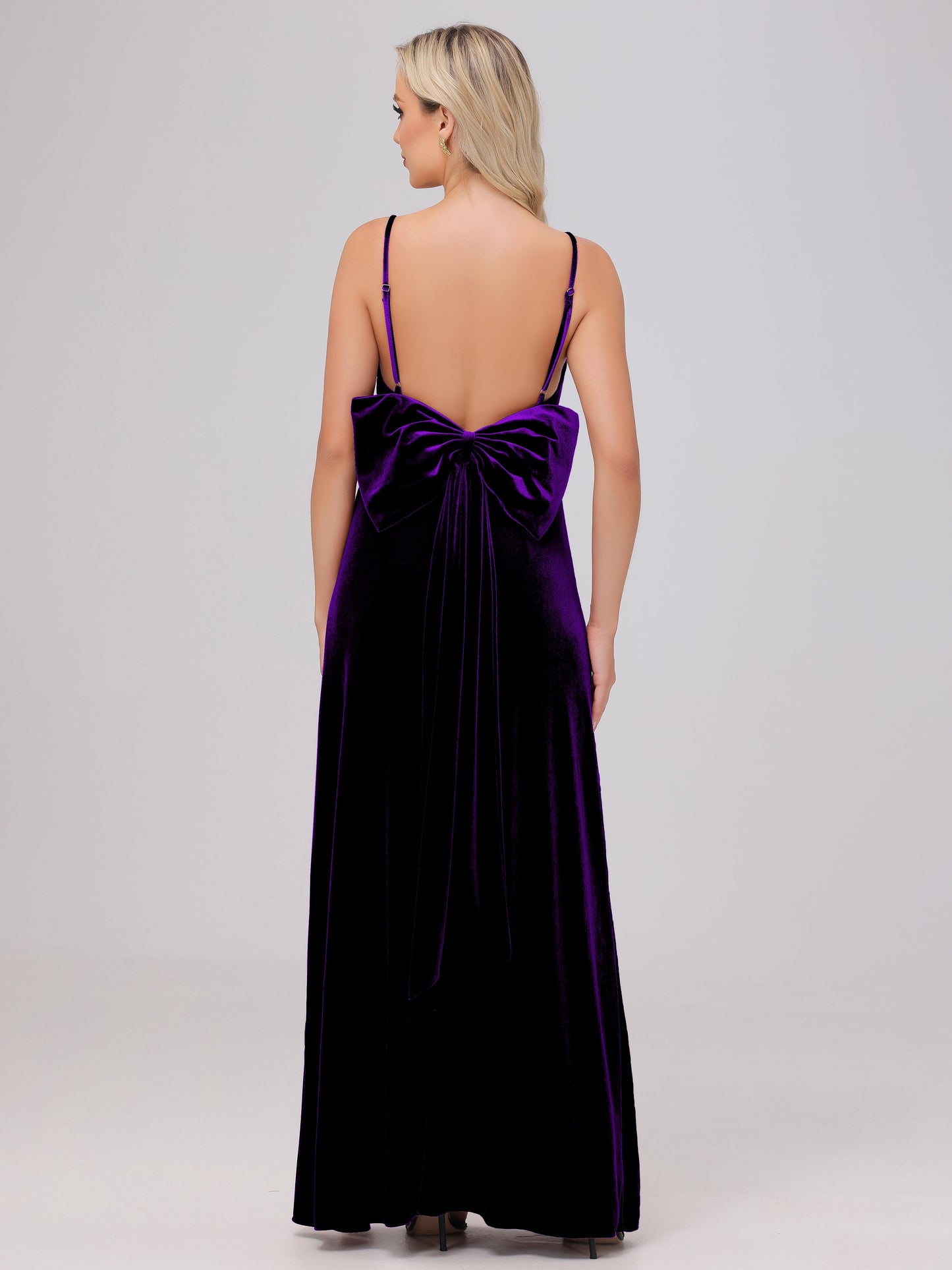 Spaghetti Straps Back Bowknot Velvet Bridesmaid Dresses with Slit