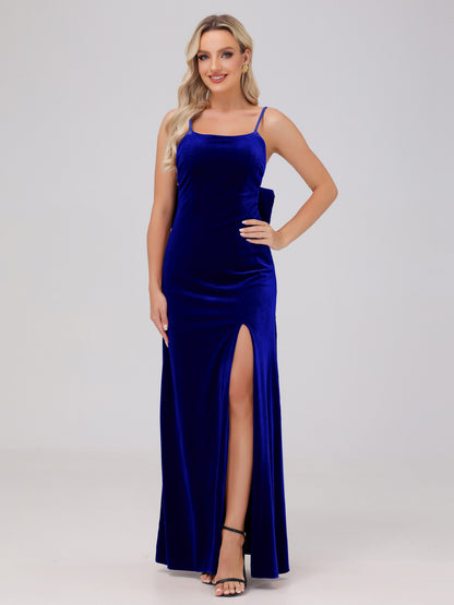 Spaghetti Straps Back Bowknot Velvet Bridesmaid Dresses with Slit