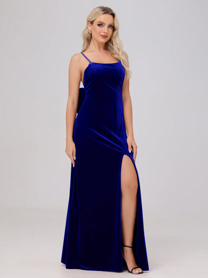 Spaghetti Straps Back Bowknot Velvet Bridesmaid Dresses with Slit