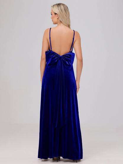 Spaghetti Straps Back Bowknot Velvet Bridesmaid Dresses with Slit