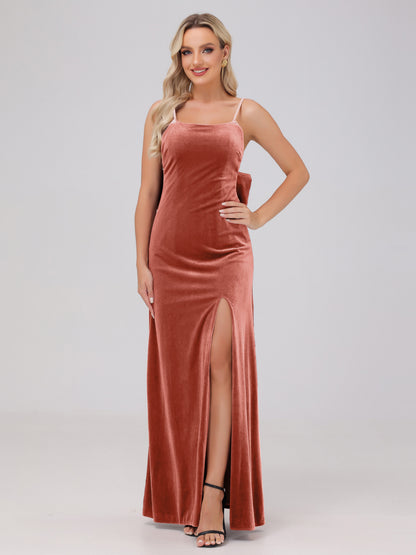 Spaghetti Straps Back Bowknot Velvet Bridesmaid Dresses with Slit
