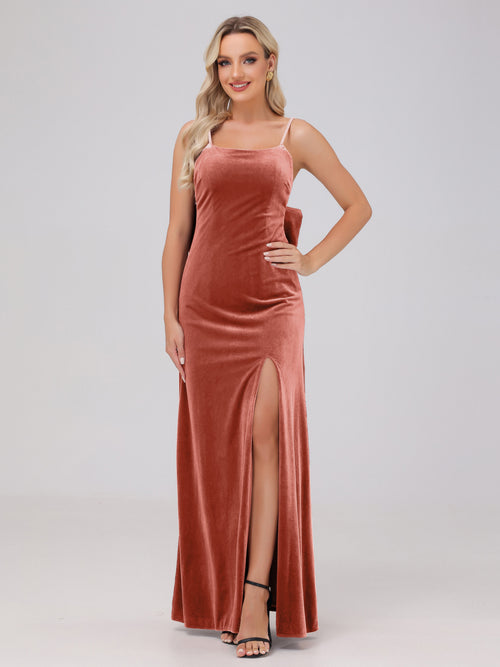 Spaghetti Straps Back Bowknot Velvet Bridesmaid Dresses with Slit