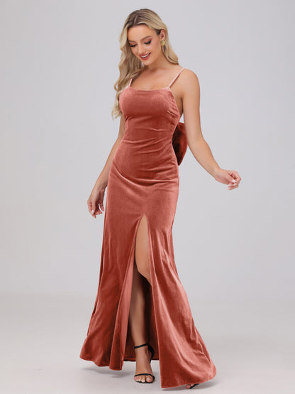 Spaghetti Straps Back Bowknot Velvet Bridesmaid Dresses with Slit