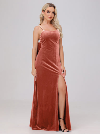 Spaghetti Straps Back Bowknot Velvet Bridesmaid Dresses with Slit