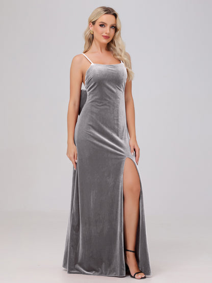 Spaghetti Straps Back Bowknot Velvet Bridesmaid Dresses with Slit