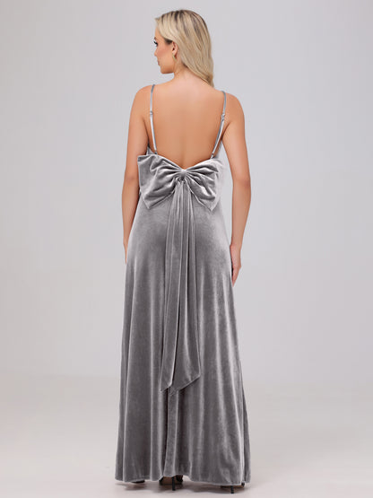 Spaghetti Straps Back Bowknot Velvet Bridesmaid Dresses with Slit