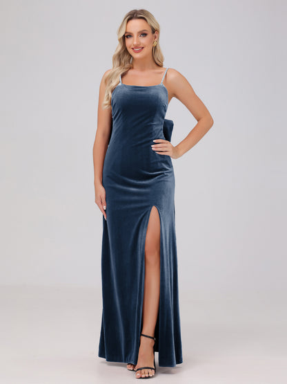 Spaghetti Straps Back Bowknot Velvet Bridesmaid Dresses with Slit