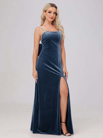 Spaghetti Straps Back Bowknot Velvet Bridesmaid Dresses with Slit