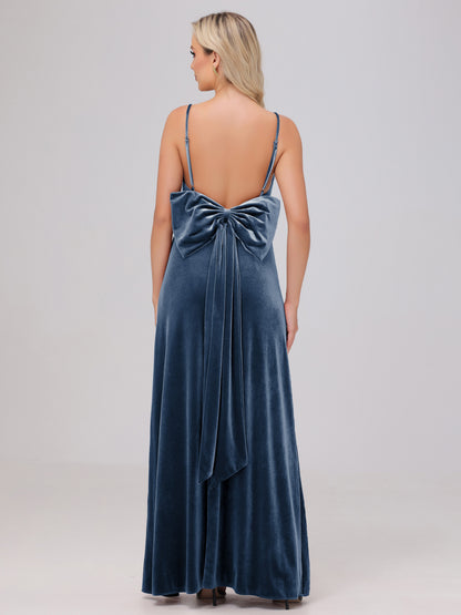Spaghetti Straps Back Bowknot Velvet Bridesmaid Dresses with Slit