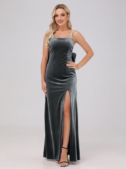 Spaghetti Straps Back Bowknot Velvet Bridesmaid Dresses with Slit