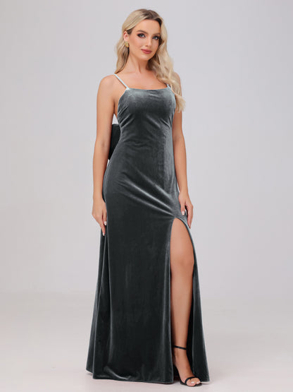 Spaghetti Straps Back Bowknot Velvet Bridesmaid Dresses with Slit