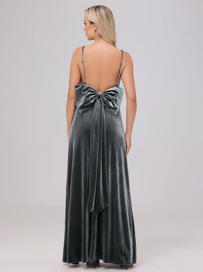 Spaghetti Straps Back Bowknot Velvet Bridesmaid Dresses with Slit