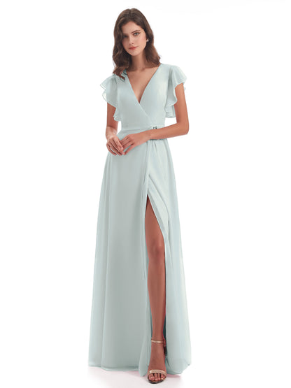 Stella Sheath Floor Length V-Neck Chiffon Bridesmaid Dresses