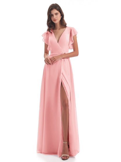 Stella Sheath Floor Length V-Neck Chiffon Bridesmaid Dresses
