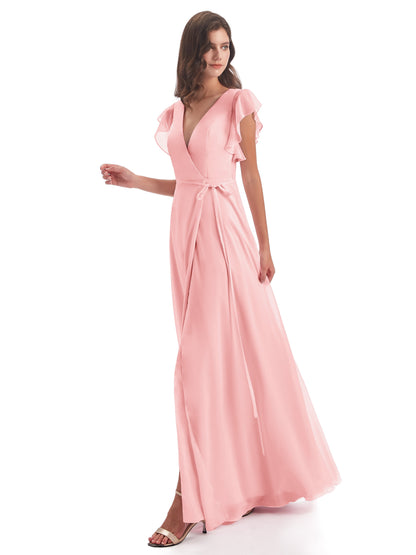 Stella Sheath Floor Length V-Neck Chiffon Bridesmaid Dresses